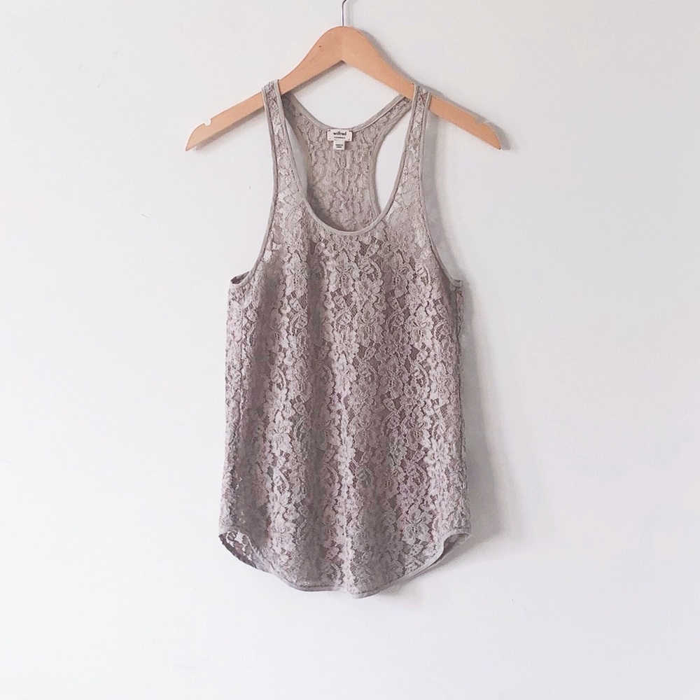 3/$30 HP Aritzia Wilfred Madeline Beige Sheer Floral Lace Racerback Silk Tank